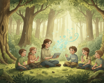 Eine ruhige Waldszene mit einer kleinen Gruppe von Kindern und einer naturpädagogischen Fachperson, die gemeinsam den Wald erkunden. Die Fachperson hält ein Tablet, über dem eine sanft leuchtende KI-Oberfläche schwebt, die sich harmonisch in die natürliche Umgebung einfügt. Sonnenlicht fällt durch hohe Bäume und beleuchtet grüne Pflanzen sowie moosigen Boden. Die Atmosphäre ist warm, ruhig und leicht magisch, im Stil einer sanften Aquarell-Illustration. Der Fokus liegt auf der Verbindung von Natur, Neugier und moderner Technologie.